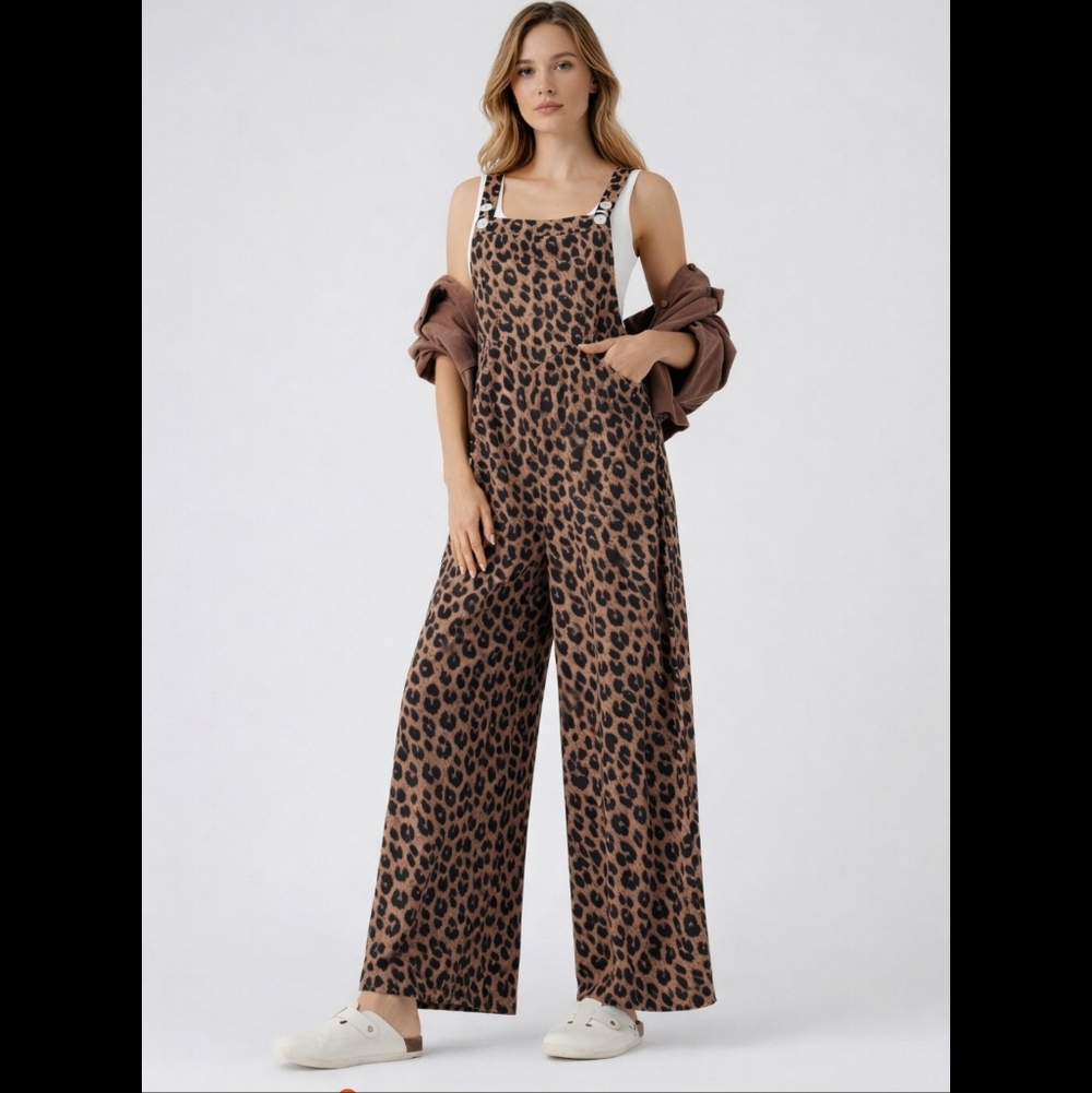 HALARA Brown Leopard Print Wide-Leg Jumpsuit